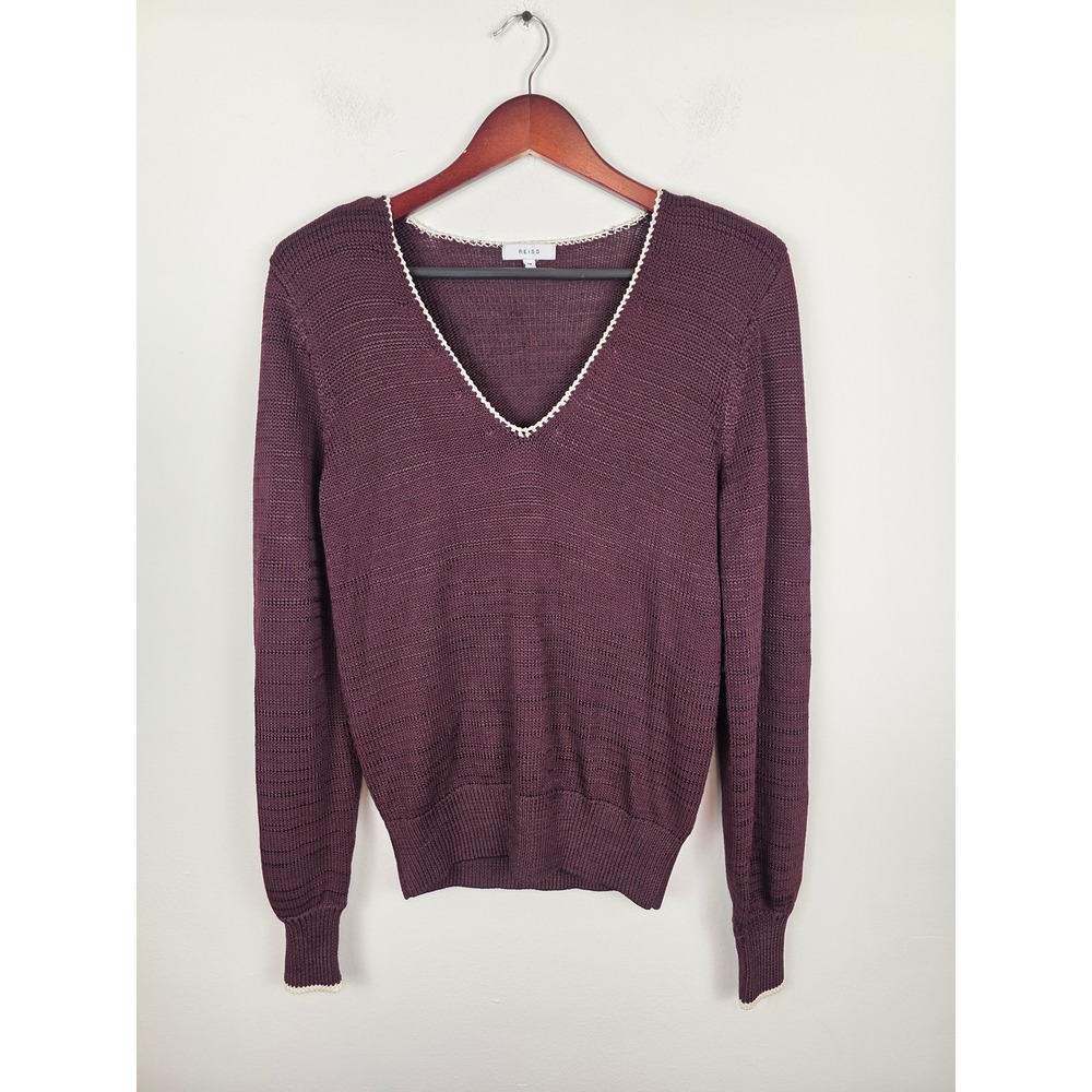 REISS Talia Knit V Neck Sweater‎ Burgundy Textured Trim Medium